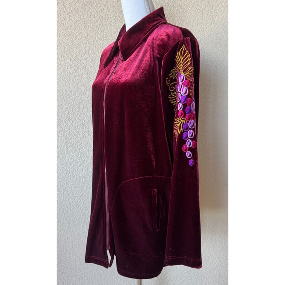 Bob Mackie 2 PC Burgundy Velvet Art Jacket Pants Embroidered Floral Mosaic Sz 1X - Picture 2 of 12